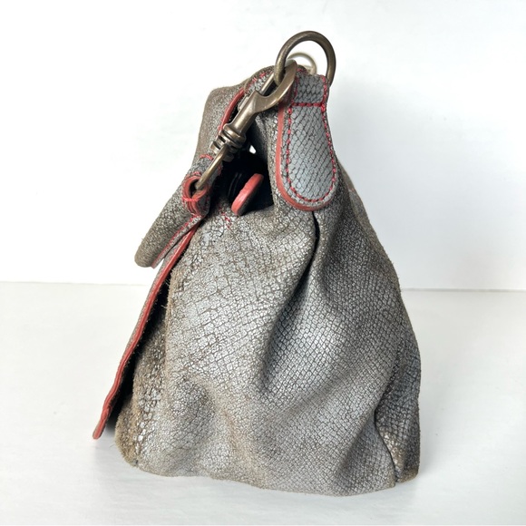 LIEBESKIND Berlin Gray Snake Print Leather Red Stitching Flap Shoulder Bag Tote - Picture 6 of 16